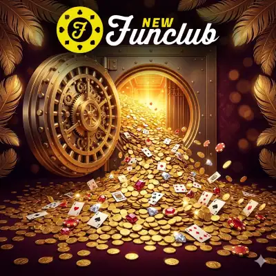 Gold coins and playing cards spilling from a vault.  FunClub Casino Online Canada